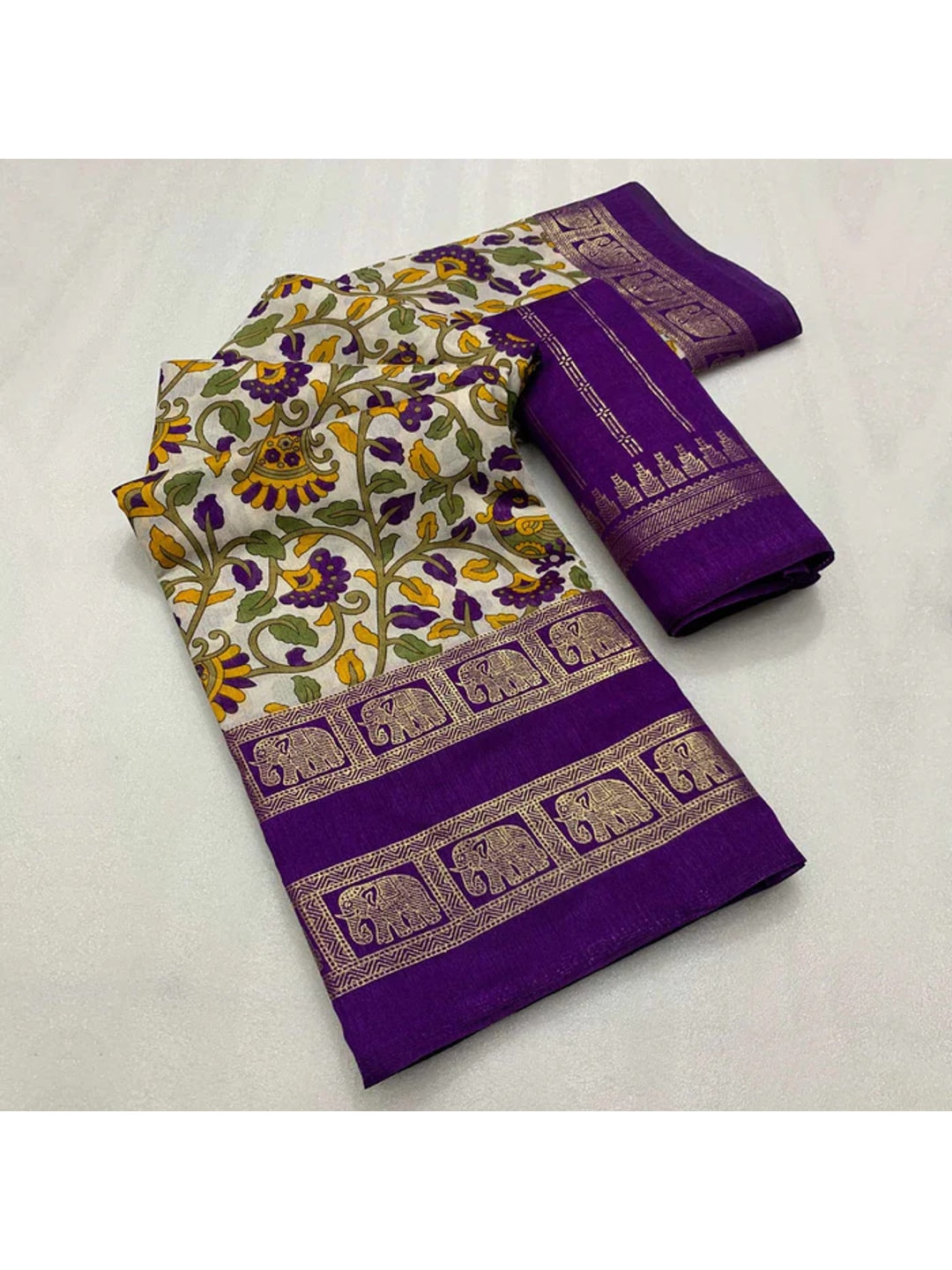 Peachmode Purple Dola Silk Kalamkari Printed Saree - Image 2