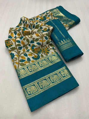 Peachmode Rama Green Dola Silk Kalamkari Printed Saree - Image 2