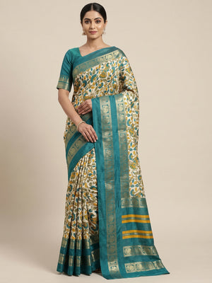 Peachmode Rama Green Dola Silk Kalamkari Printed Saree - Image 1