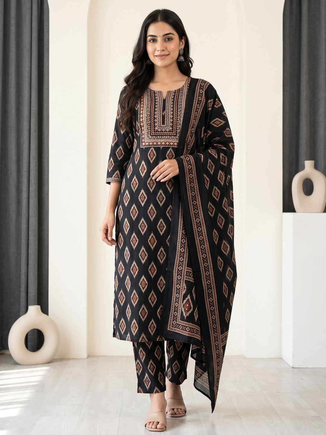 Black Cotton Ikat Printed Salwar Suit Set - Image 2