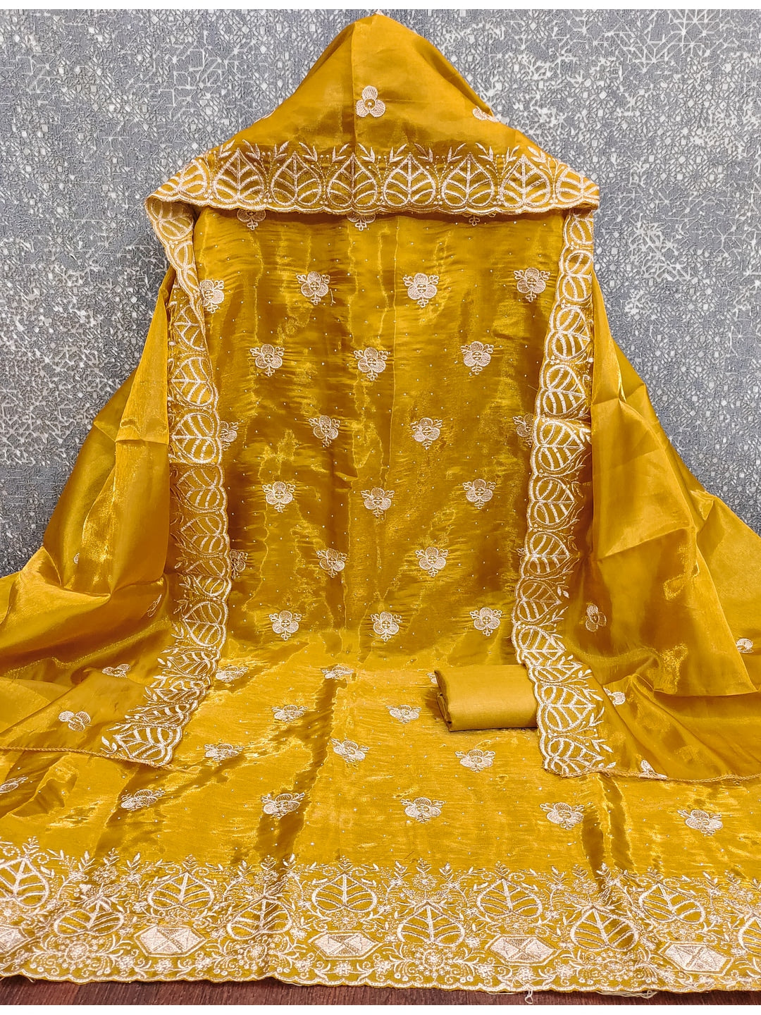 Peachmode Yellow Silk Blend Dress Material with Ethnic Motifs - Image 2