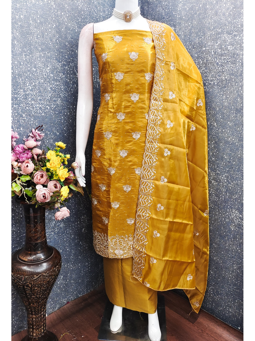 Peachmode Yellow Silk Blend Dress Material with Ethnic Motifs - Image 3