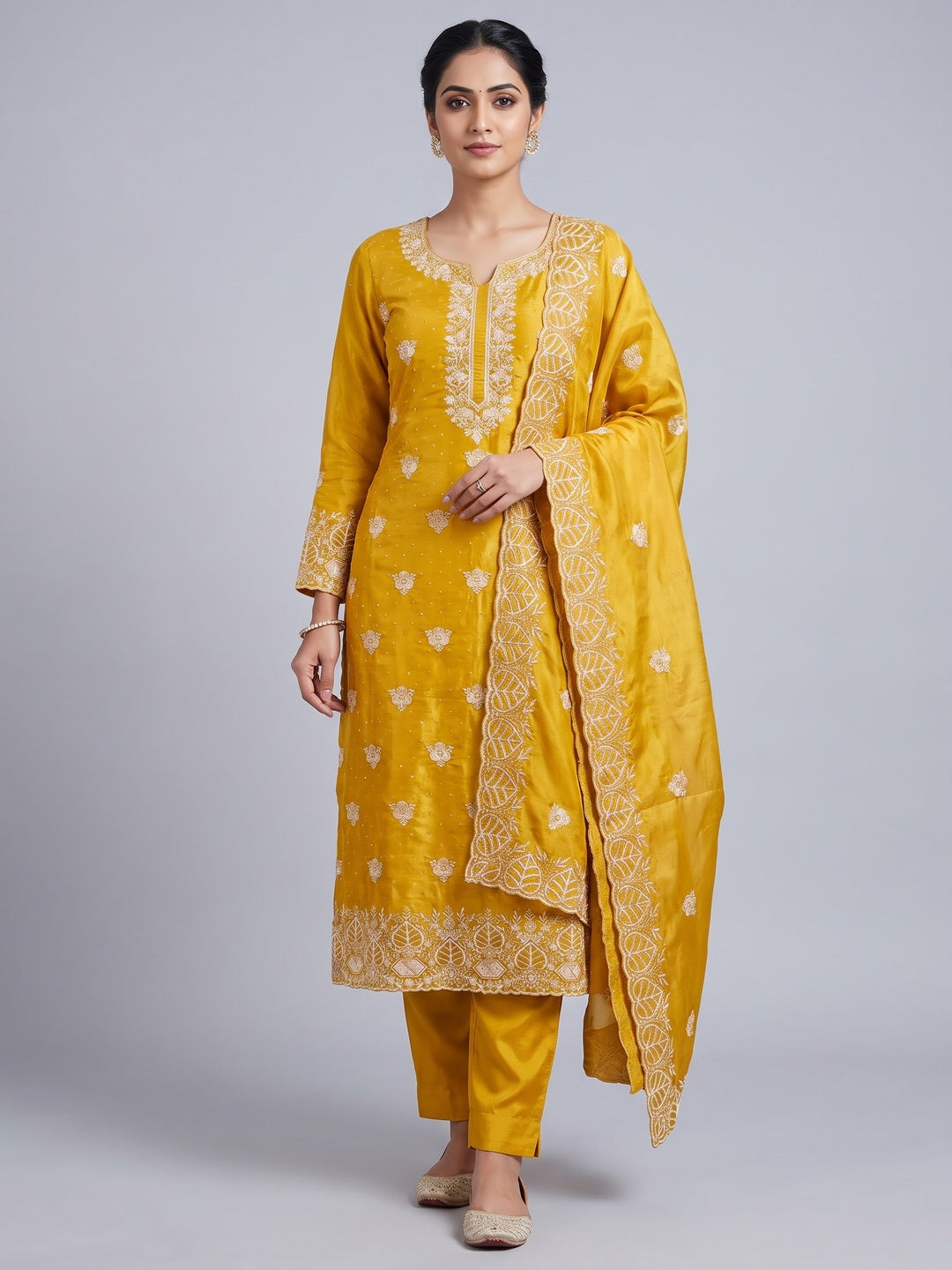 Peachmode Yellow Silk Blend Dress Material with Ethnic Motifs - Image 1
