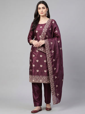 Peachmode Wine Silk Blend Dress Material with Ethnic Motifs - Image 1