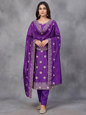 Peachmode Purple Silk Blend Dress Material with Ethnic Motifs - Image 1
