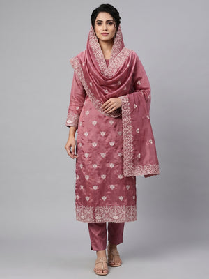 Peachmode Mauve Silk Blend Dress Material with Ethnic Motifs - Image 1