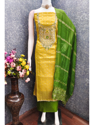 Peachmode Yellow Shimmer Dress Material with Ethnic Motifs - Image 2