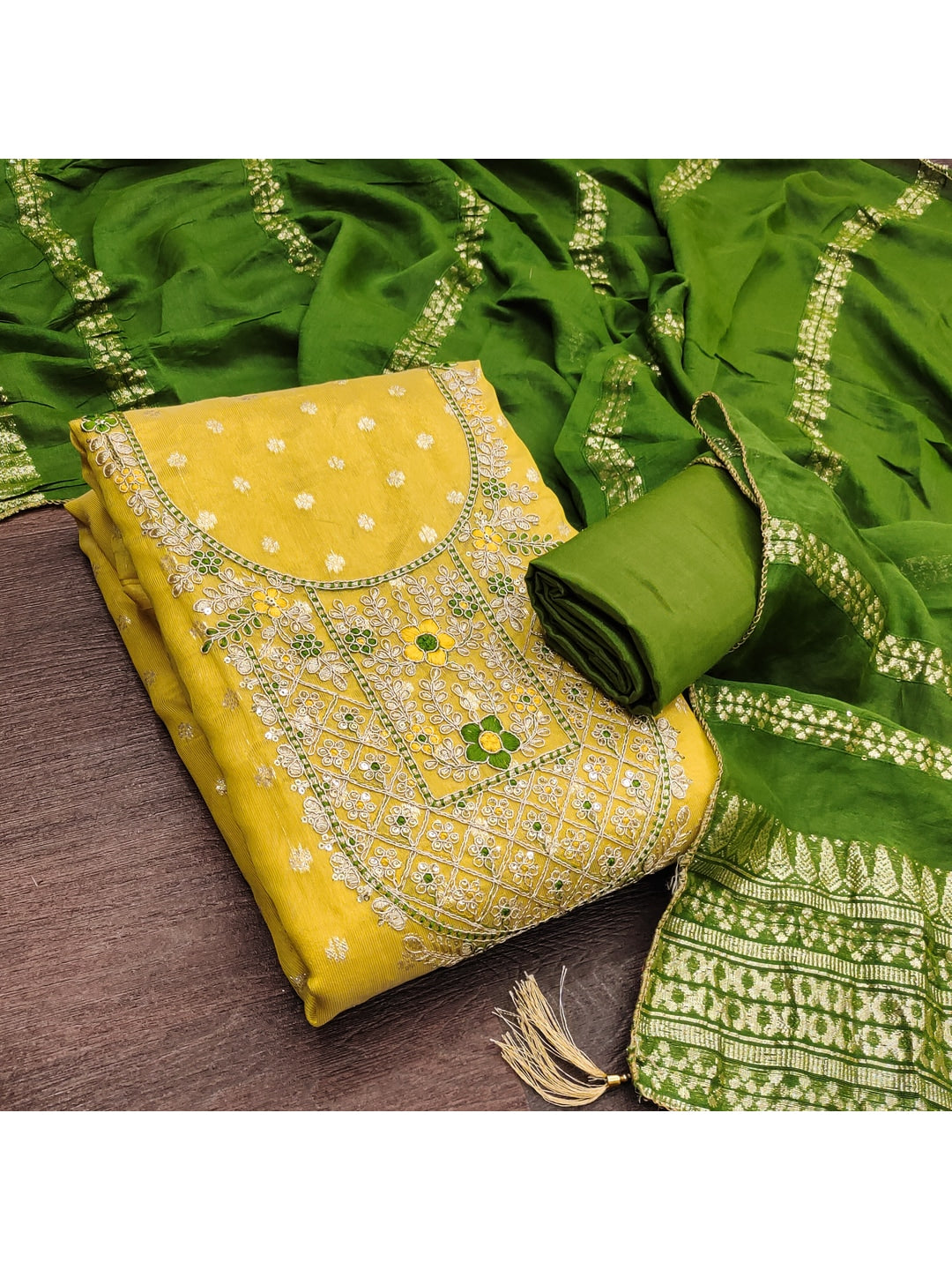 Peachmode Yellow Shimmer Dress Material with Ethnic Motifs - Image 1
