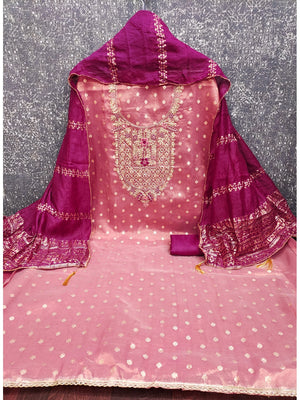 Pink Shimmer Unstitched Dress Material with Zari and Thread Work - Image 3
