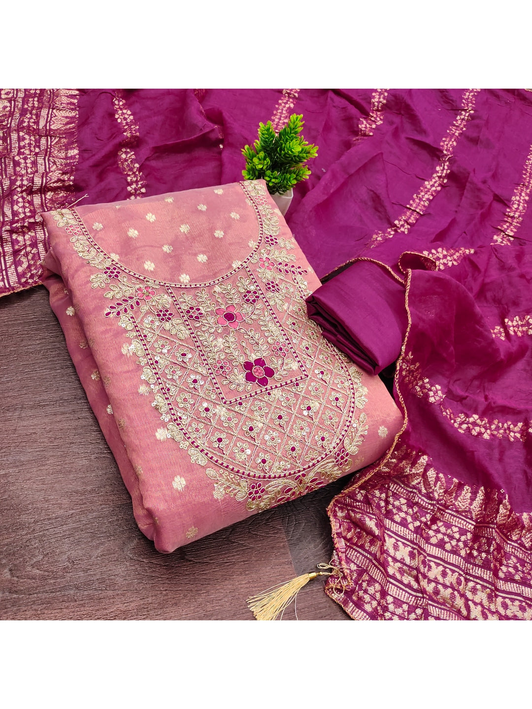 Peachmode Pink Shimmer Dress Material with Ethnic Motifs - Image 4