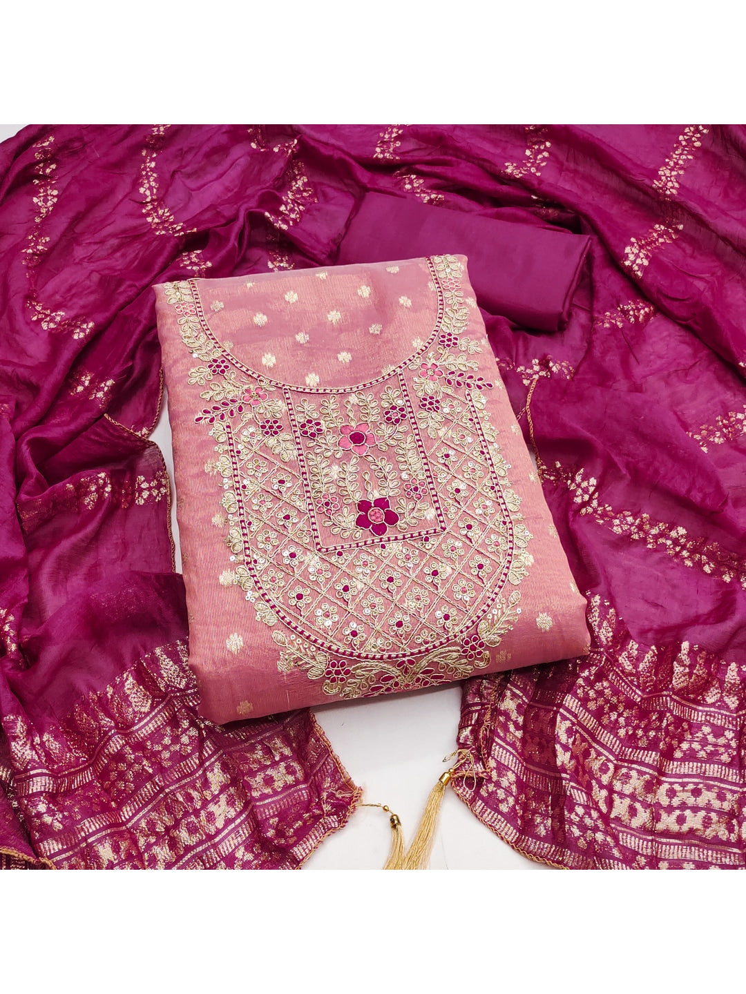 Peachmode Pink Shimmer Dress Material with Ethnic Motifs - Image 5