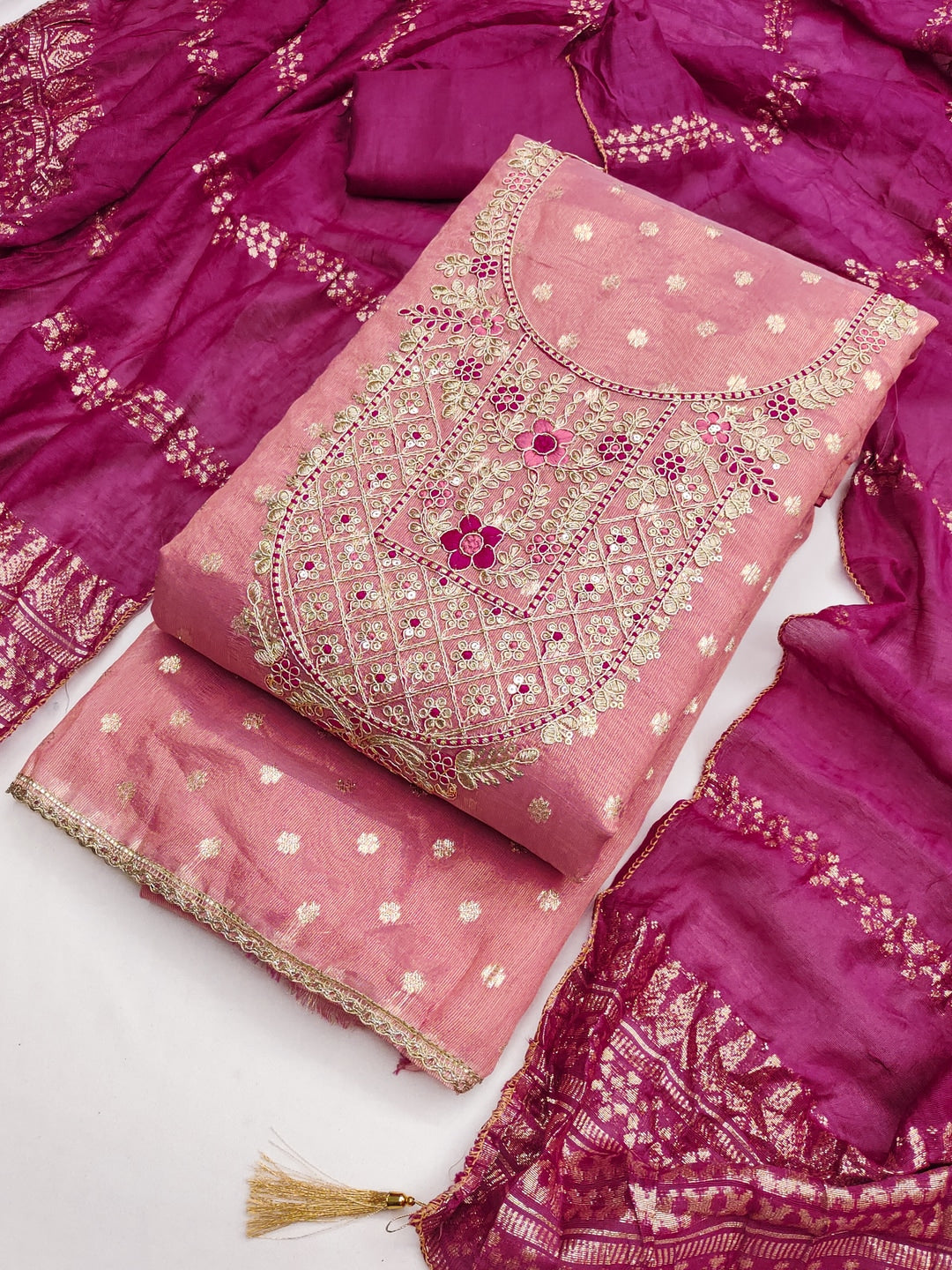 Peachmode Pink Shimmer Dress Material with Ethnic Motifs - Image 6