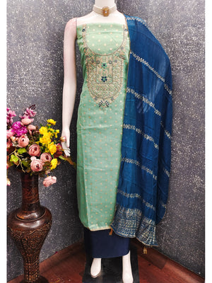 Peachmode Sea Green Shimmer Dress Material with Ethnic Motifs - Image 2