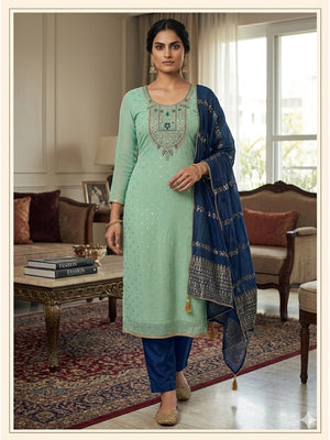 Peachmode Sea Green Shimmer Dress Material with Ethnic Motifs - Image 3