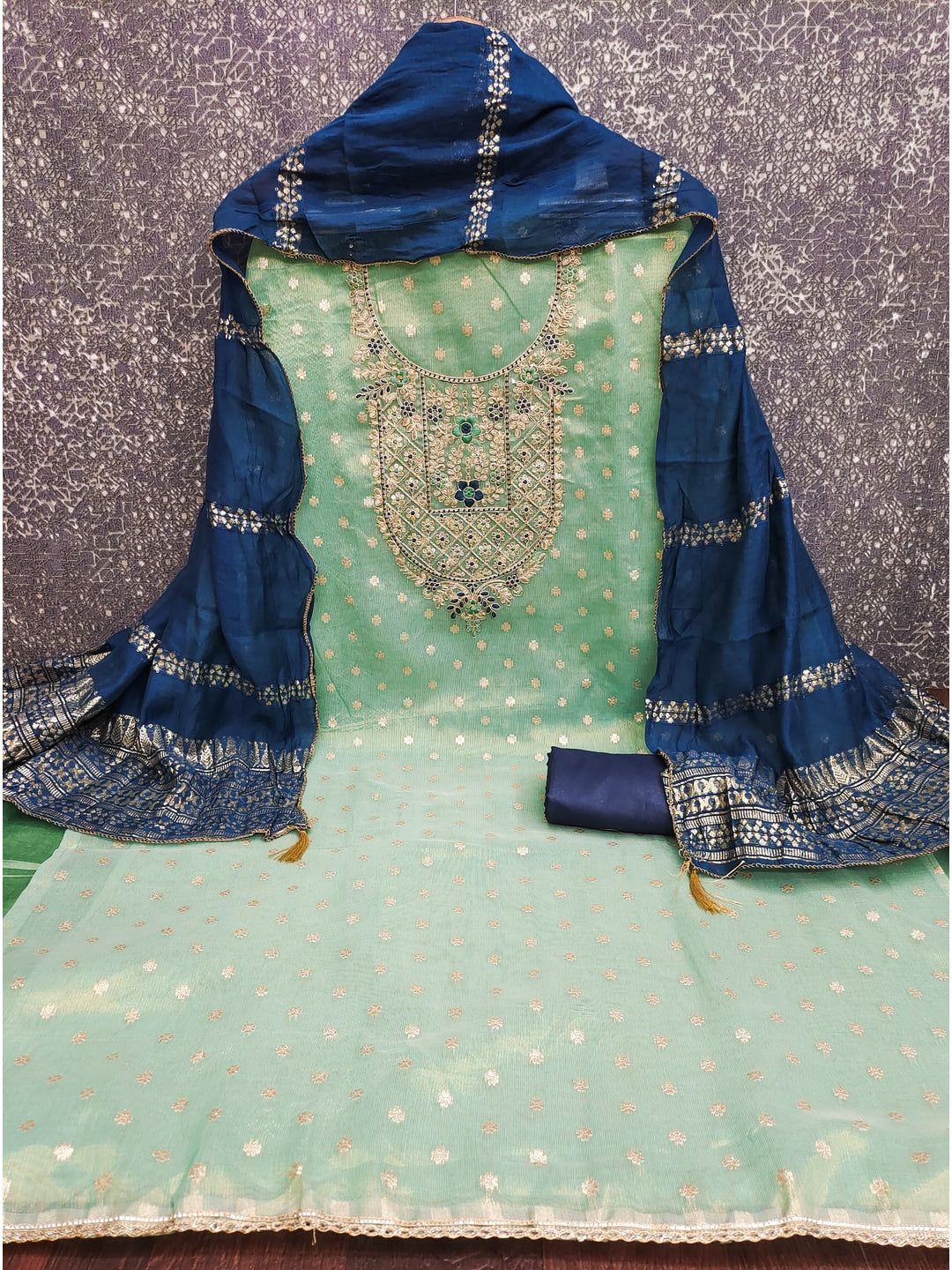 Peachmode Sea Green Shimmer Dress Material with Ethnic Motifs - Image 4