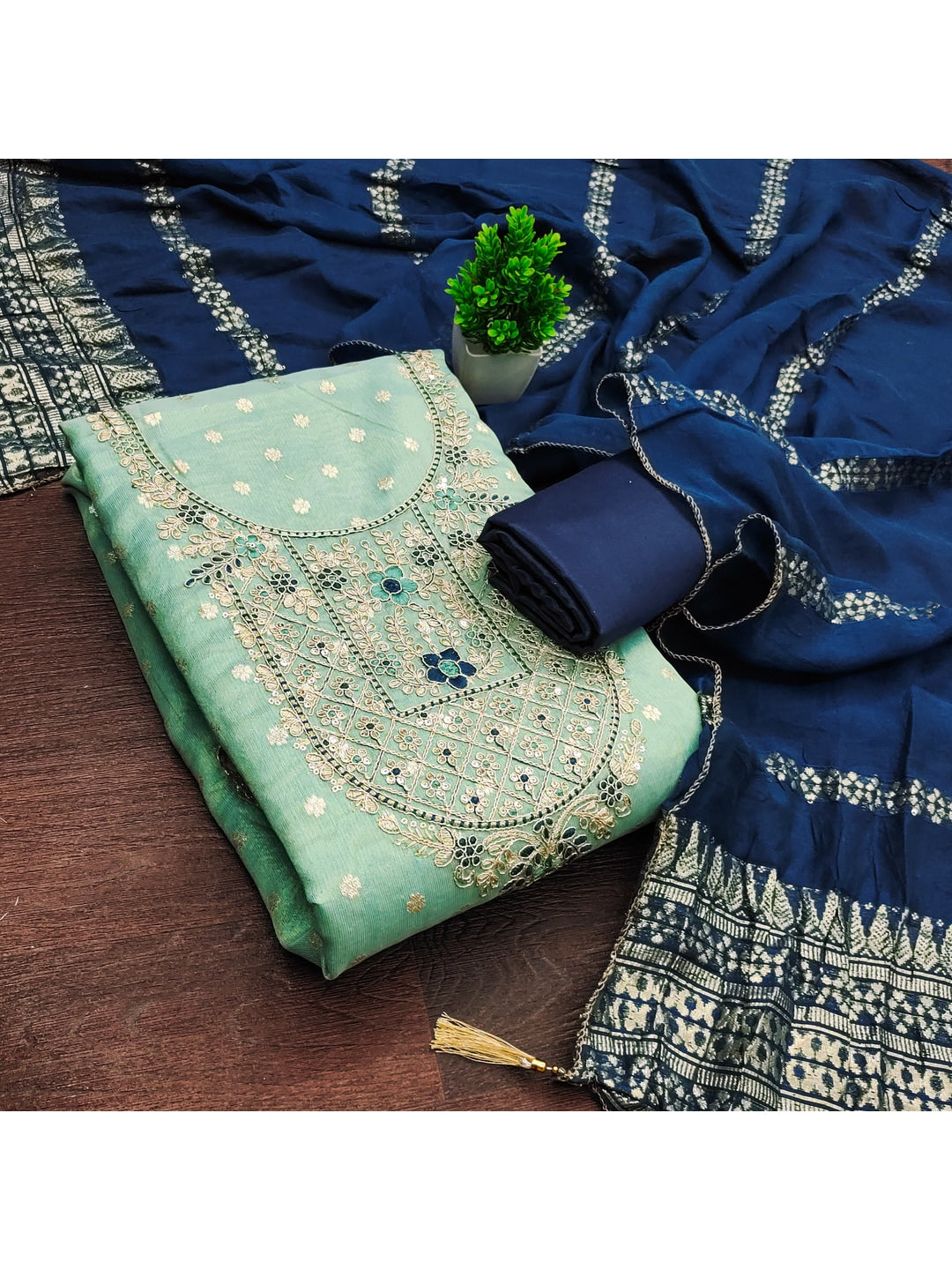 Peachmode Sea Green Shimmer Dress Material with Ethnic Motifs - Image 5