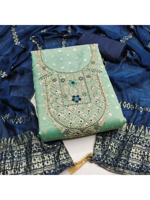 Peachmode Sea Green Shimmer Dress Material with Ethnic Motifs - Image 1