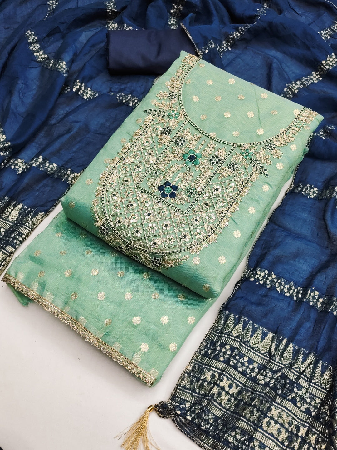 Peachmode Sea Green Shimmer Dress Material with Ethnic Motifs - Image 7