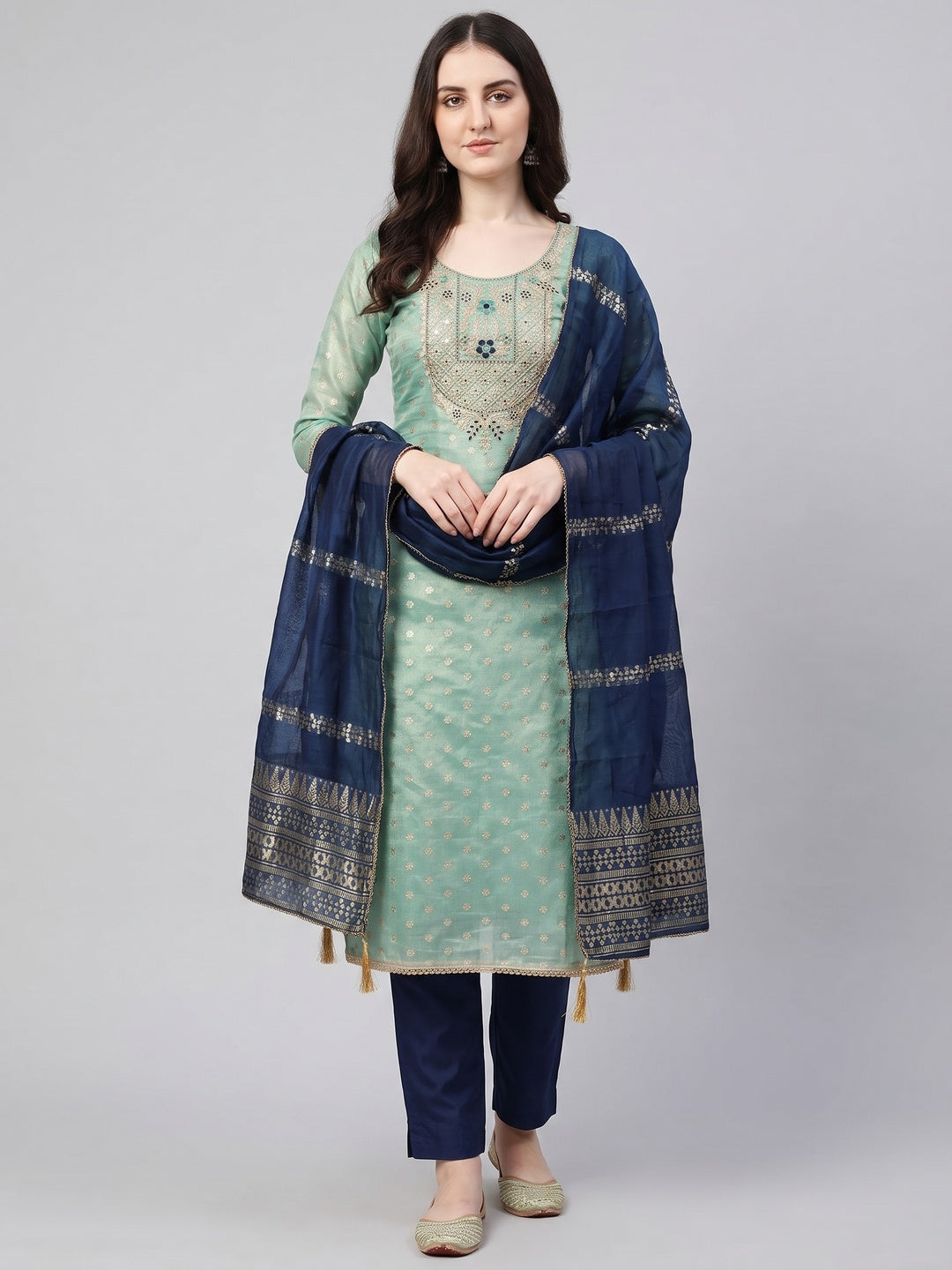 Peachmode Sea Green Shimmer Dress Material with Ethnic Motifs - Image 1