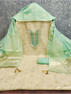 Peachmode Turquoise Shimmer Dress Material with Ethnic Motifs - Image 2