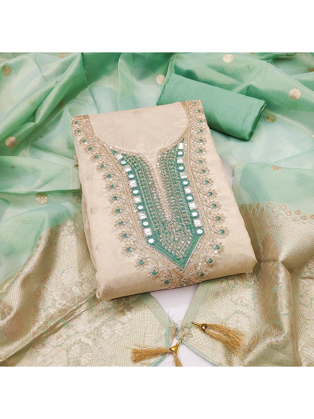 Peachmode Turquoise Shimmer Dress Material with Ethnic Motifs - Image 5