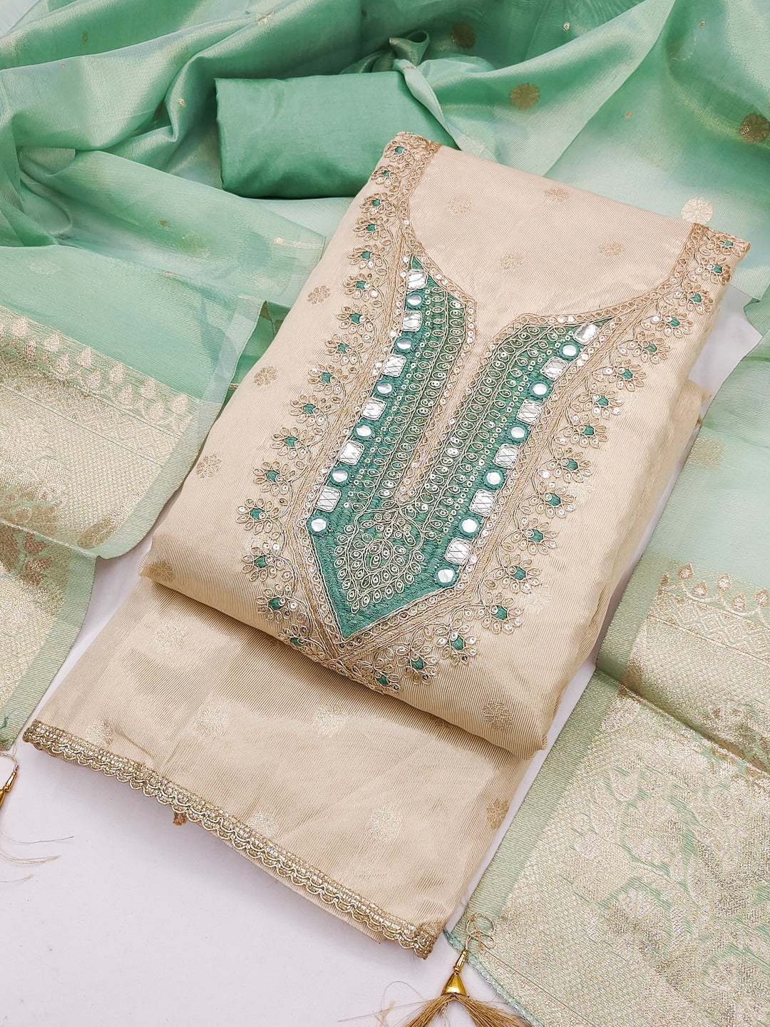 Peachmode Turquoise Shimmer Dress Material with Ethnic Motifs - Image 6