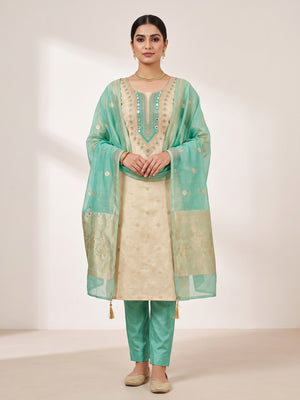 Peachmode Turquoise Shimmer Dress Material with Ethnic Motifs - Image 1