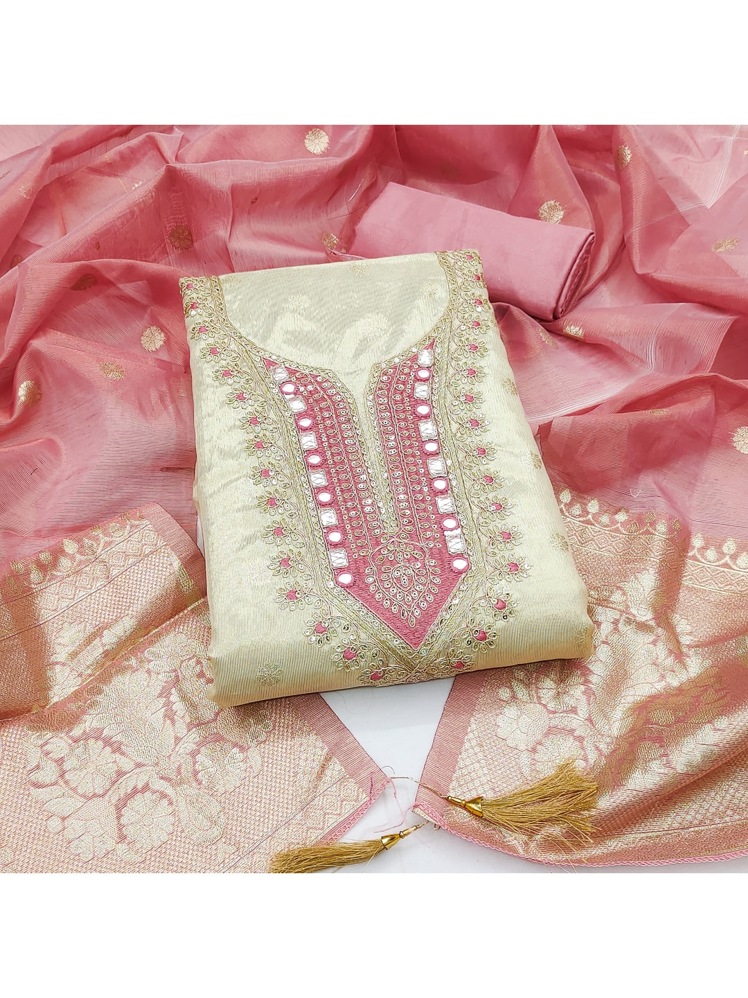 Peachmode Pink Shimmer Dress Material with Ethnic Motifs - Image 1