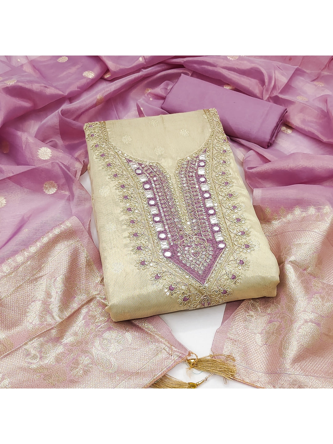 Peachmode Lavender Shimmer Dress Material with Ethnic Motifs - Image 5