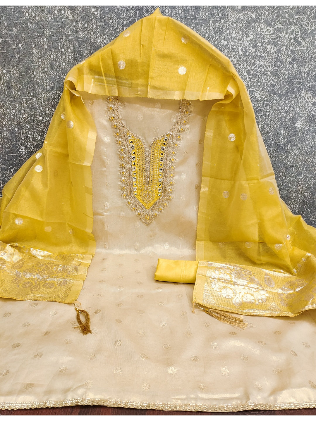 Peachmode Yellow Shimmer Dress Material with Ethnic Motifs - Image 2