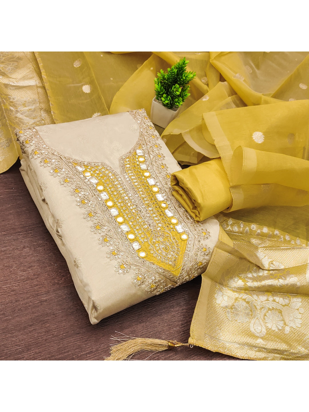 Peachmode Yellow Shimmer Dress Material with Ethnic Motifs - Image 4