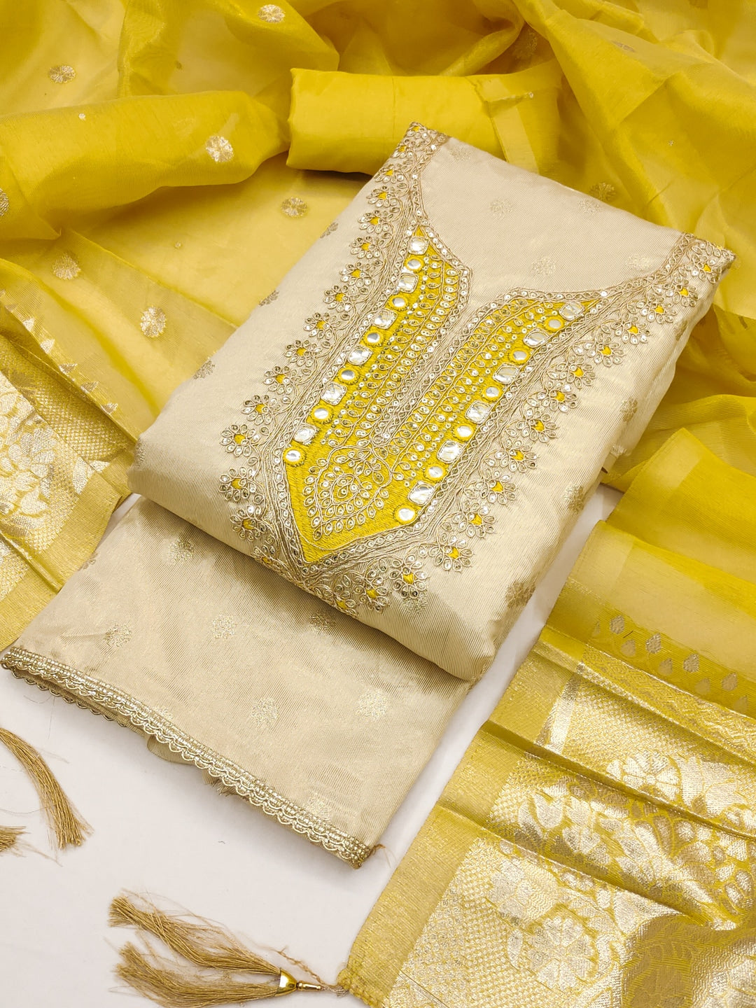 Peachmode Yellow Shimmer Dress Material with Ethnic Motifs - Image 1