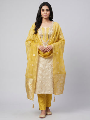 Peachmode Yellow Shimmer Dress Material with Ethnic Motifs - Image 1