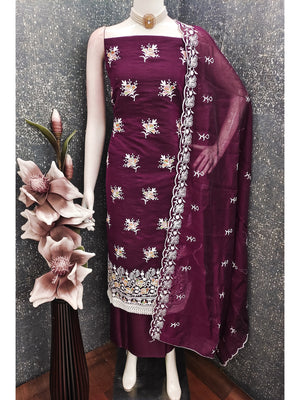 Peachmode Wine Chanderi Silk Dress Material with Ethnic Motifs - Image 2