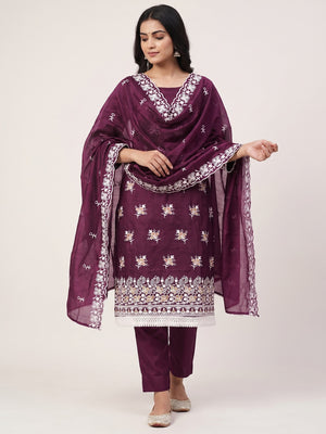 Peachmode Wine Chanderi Silk Dress Material with Ethnic Motifs - Image 1