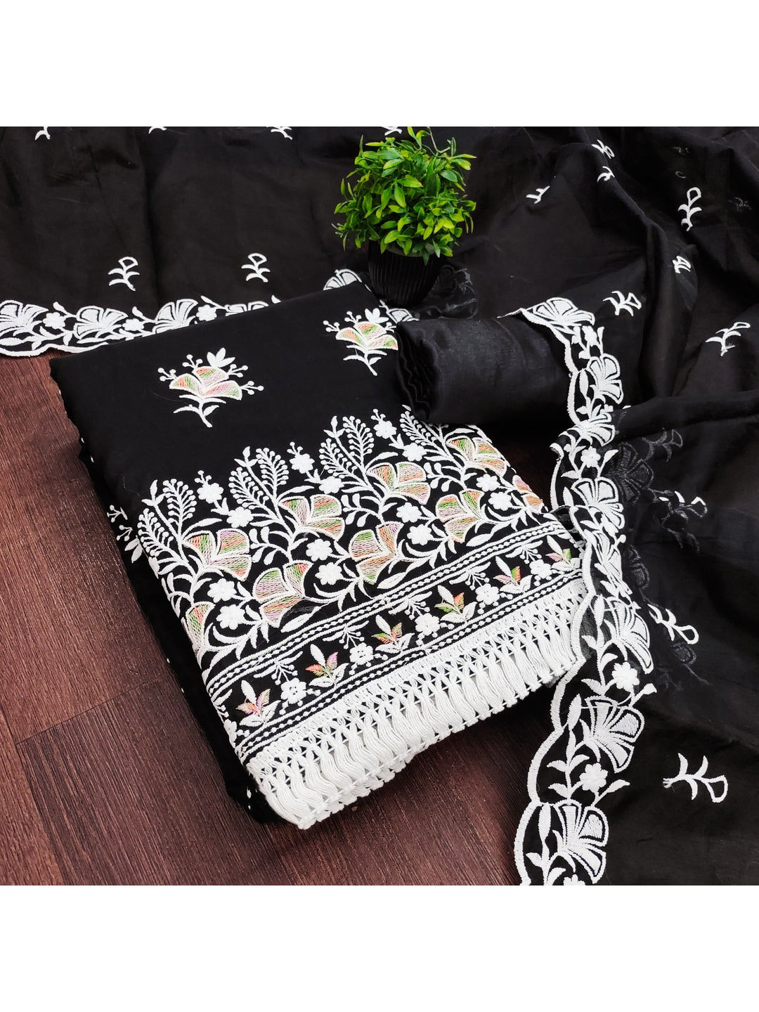 Peachmode Black Chanderi Silk Dress Material with Ethnic Motifs - Image 4