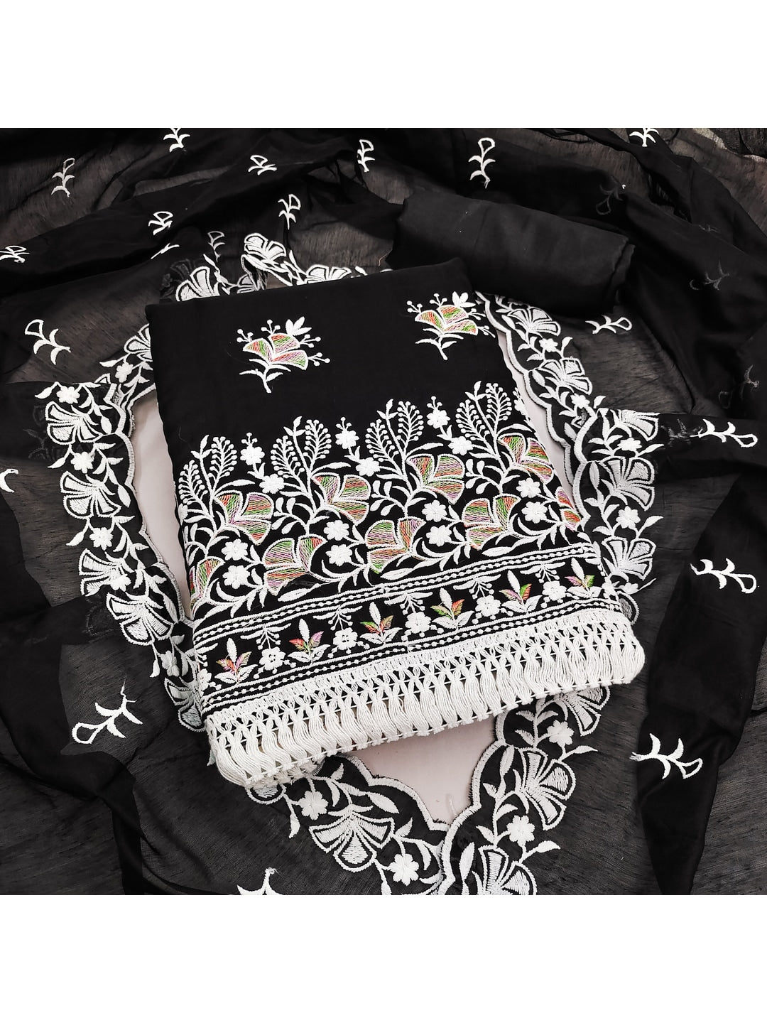 Peachmode Black Chanderi Silk Dress Material with Ethnic Motifs - Image 5