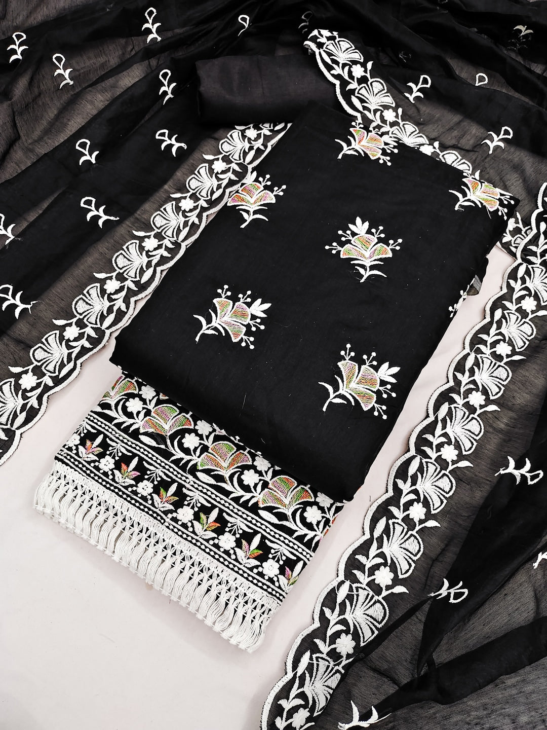 Peachmode Black Chanderi Silk Dress Material with Ethnic Motifs - Image 6