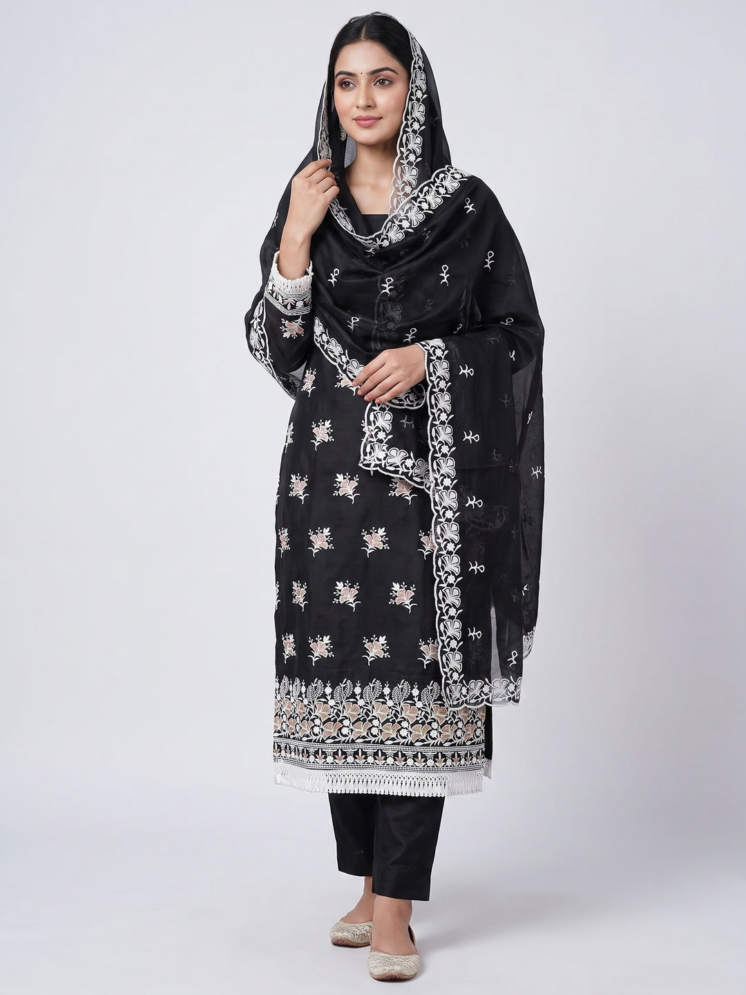 Peachmode Black Chanderi Silk Dress Material with Ethnic Motifs - Image 1