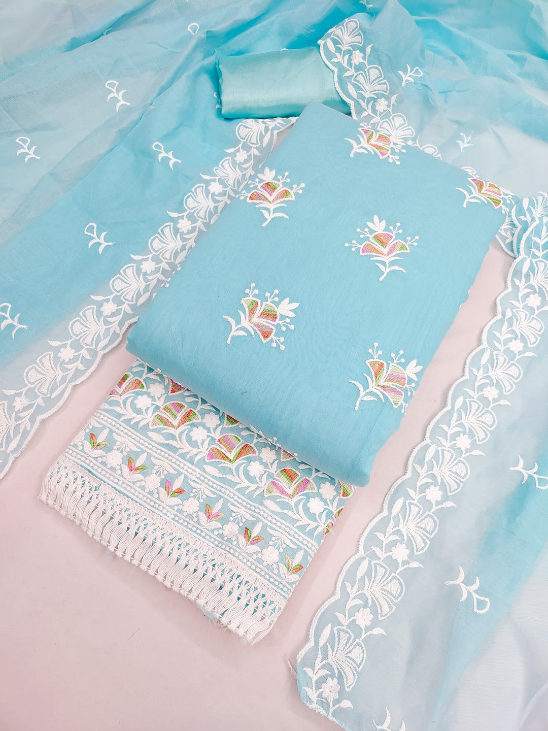 Peachmode Turquoise Chanderi Silk Dress Material with Ethnic Motifs - Image 1
