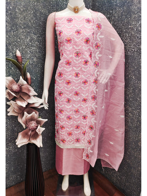 Peachmode Pink Chanderi Silk Dress Material with Ethnic Motifs - Image 2