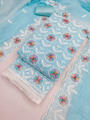Peachmode Turquoise Chanderi Silk Dress Material with Ethnic Motifs - Image 1