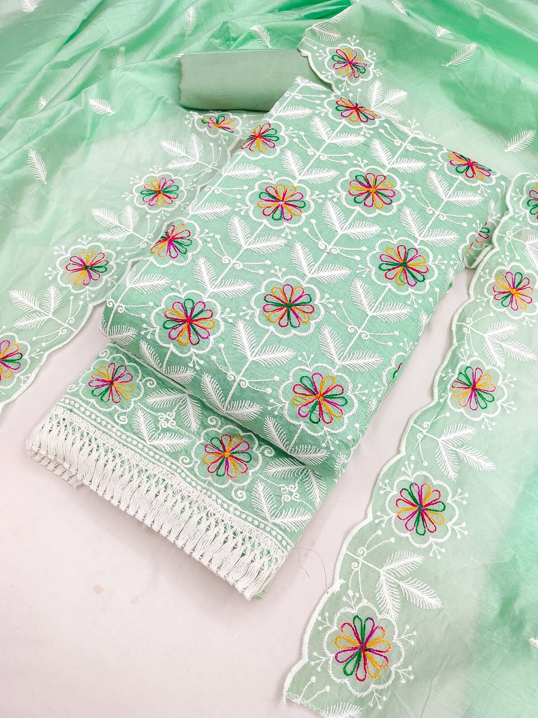 Peachmode Sea Green Chanderi Silk Dress Material with Ethnic Motifs - Image 1