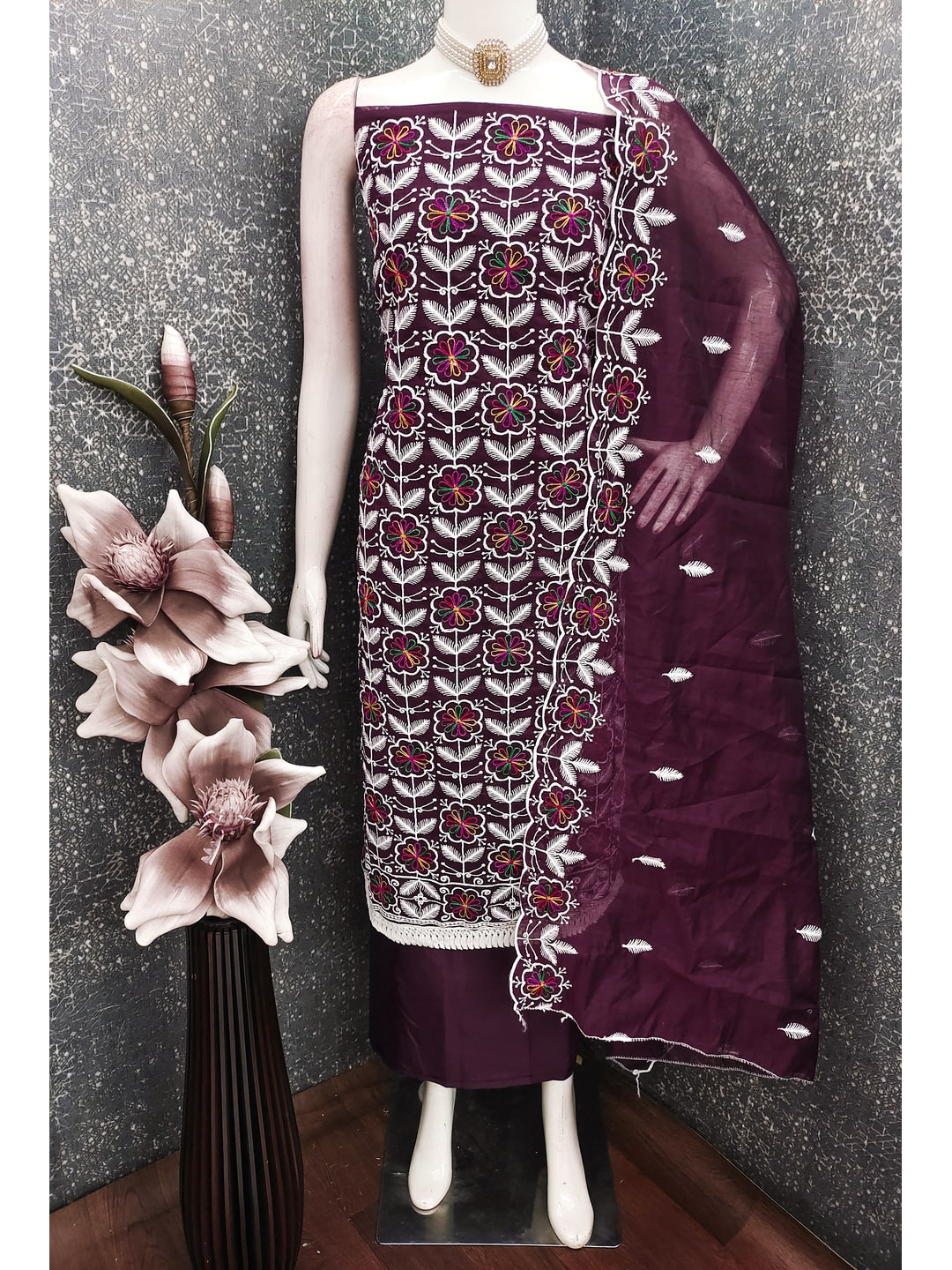 Peachmode Wine Chanderi Silk Dress Material with Ethnic Motifs - Image 2