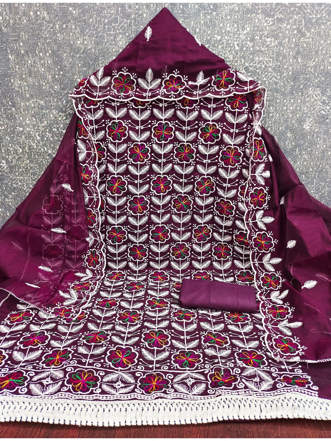 Peachmode Wine Chanderi Silk Dress Material with Ethnic Motifs - Image 3
