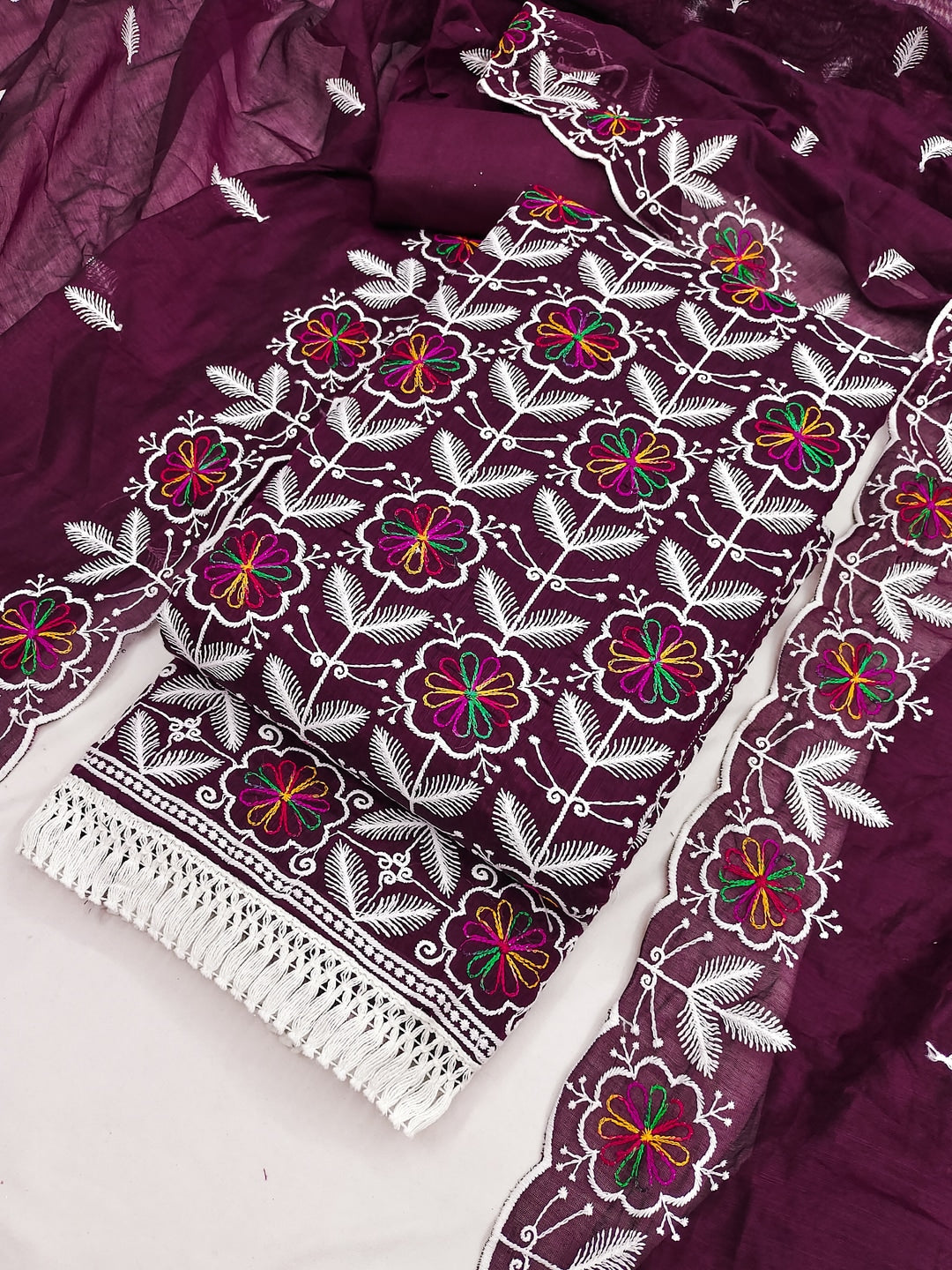 Peachmode Wine Chanderi Silk Dress Material with Ethnic Motifs - Image 1
