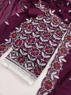 Peachmode Wine Chanderi Silk Dress Material with Ethnic Motifs - Image 1