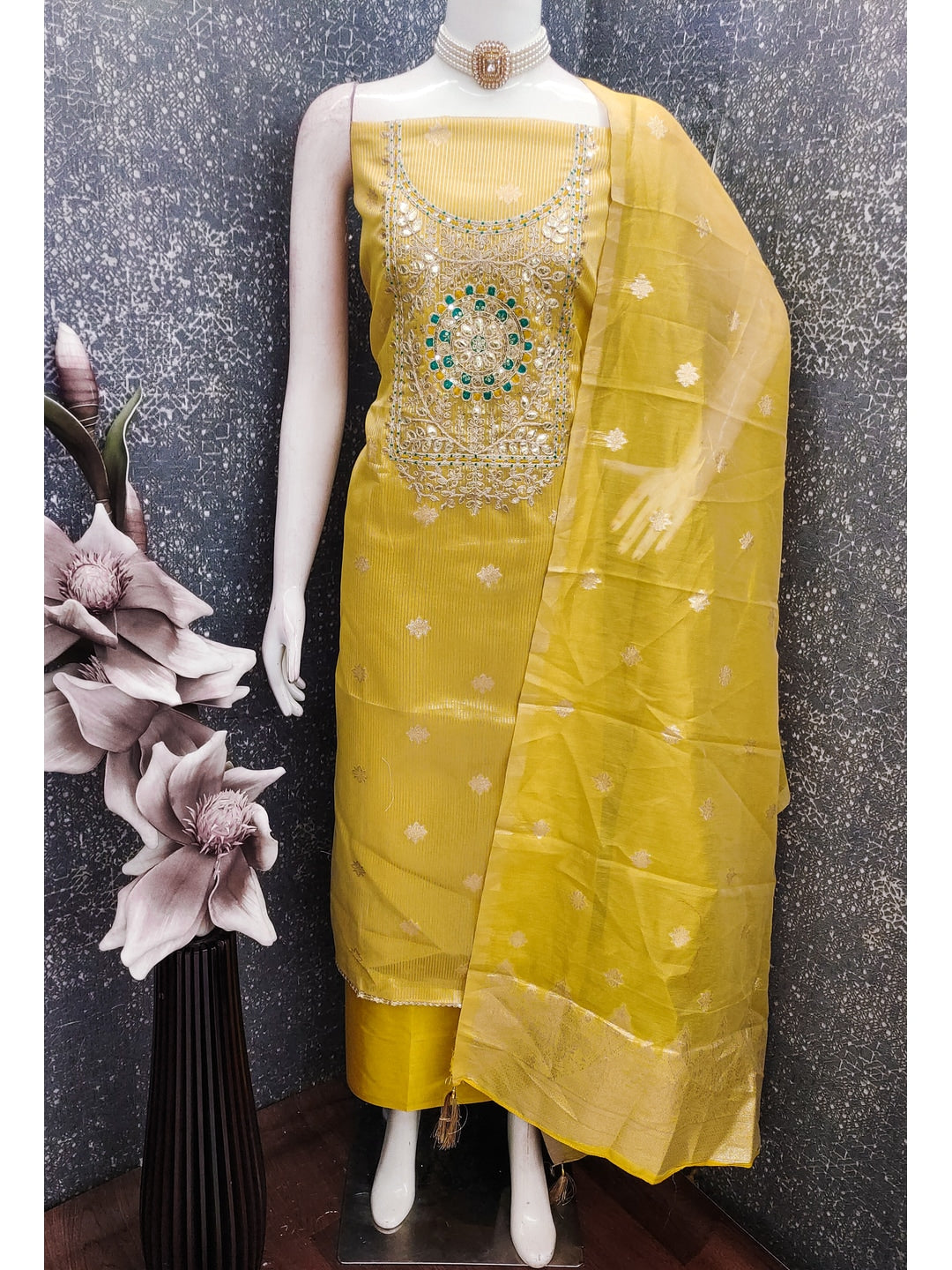 Peachmode Yellow Shimmer Dress Material with Ethnic Motifs - Image 2