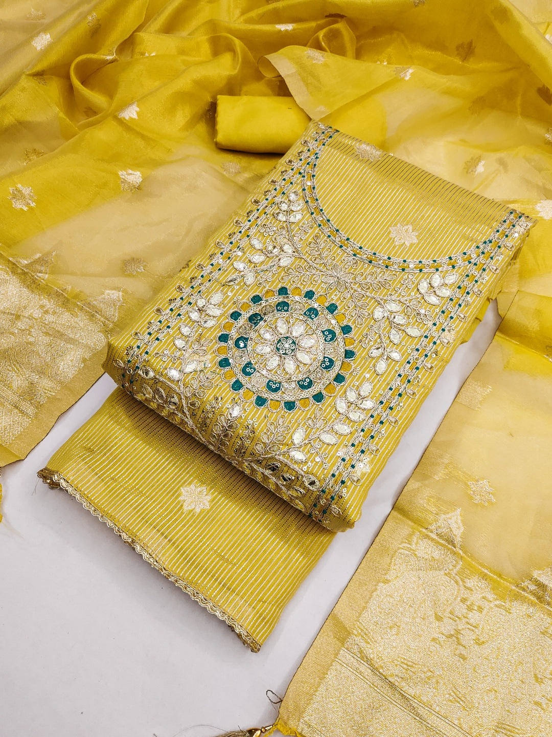Peachmode Yellow Shimmer Dress Material with Ethnic Motifs - Image 1