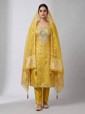 Peachmode Yellow Shimmer Dress Material with Ethnic Motifs - Image 1